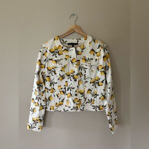 White House Black Market Women's Lemon Print White Denim Trucker Jacket Size M